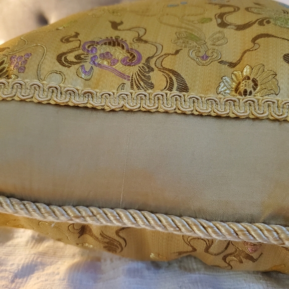 Embroidered silk accent pillow in tan, gold, light blue, pink, 15" square - Picture 5 of 12